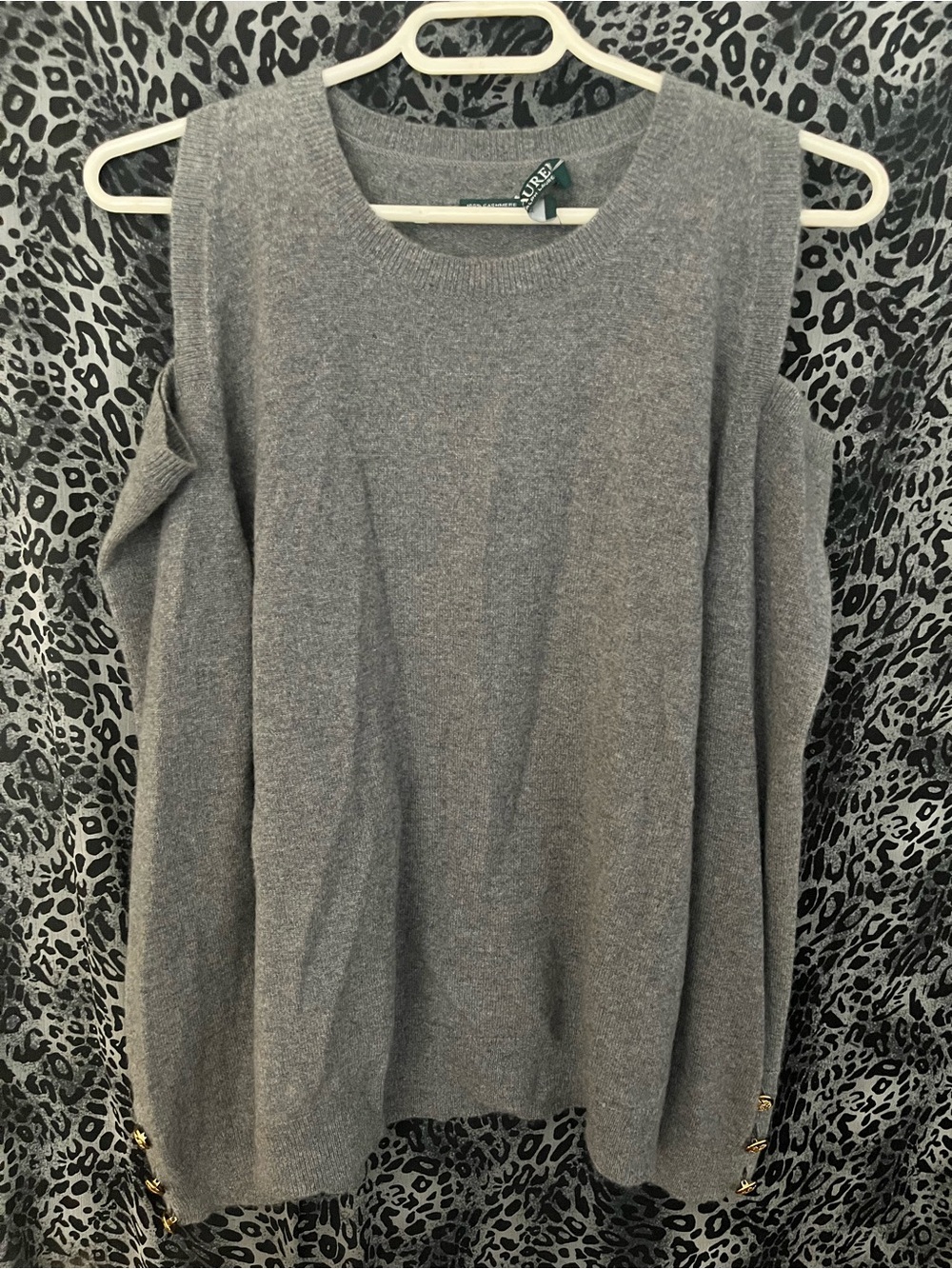 Lauren Ralph Lauren Gray Cold-Shoulder Knit Sweater with Gold Buttons 100% Cash